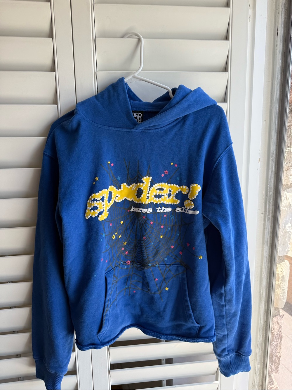 Spider Blue Graphic Pullover Hoodie with Yellow Script sz M